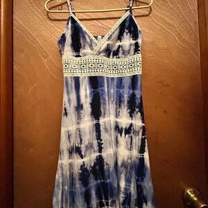 Mudd Blue and White Dress with Lace Trim midi beach tiedye colorful casual dress